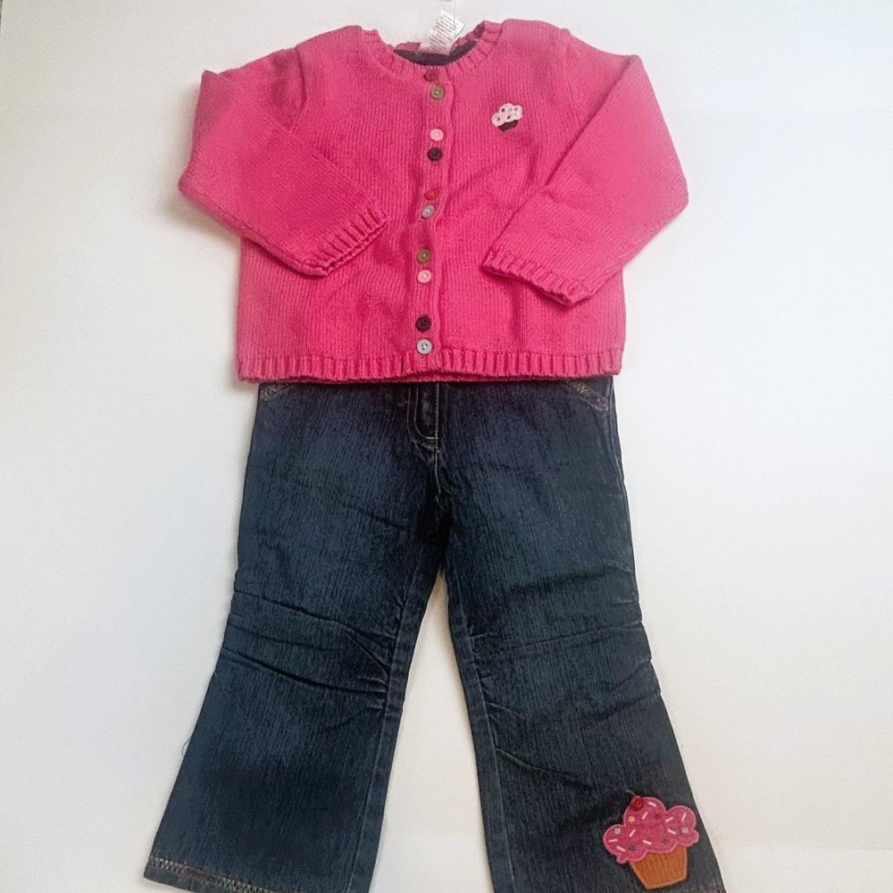 NWT Gymboree Baby Girl Cupcake Denim Pant & Cupcake Cardigan Sweater Size 2T